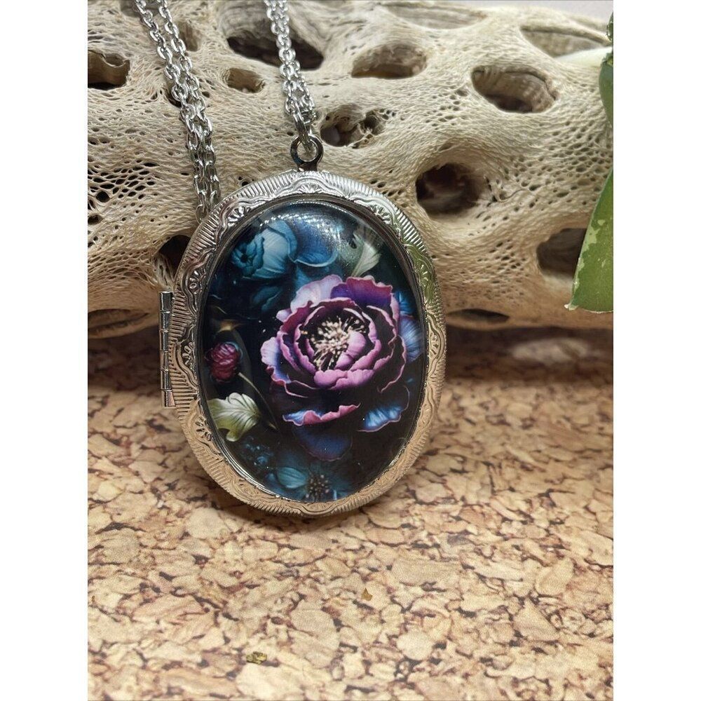 Silver Photo Locket Wedding Keepsake Ash Urn Locket Purple Flower Teal Necklace 26$